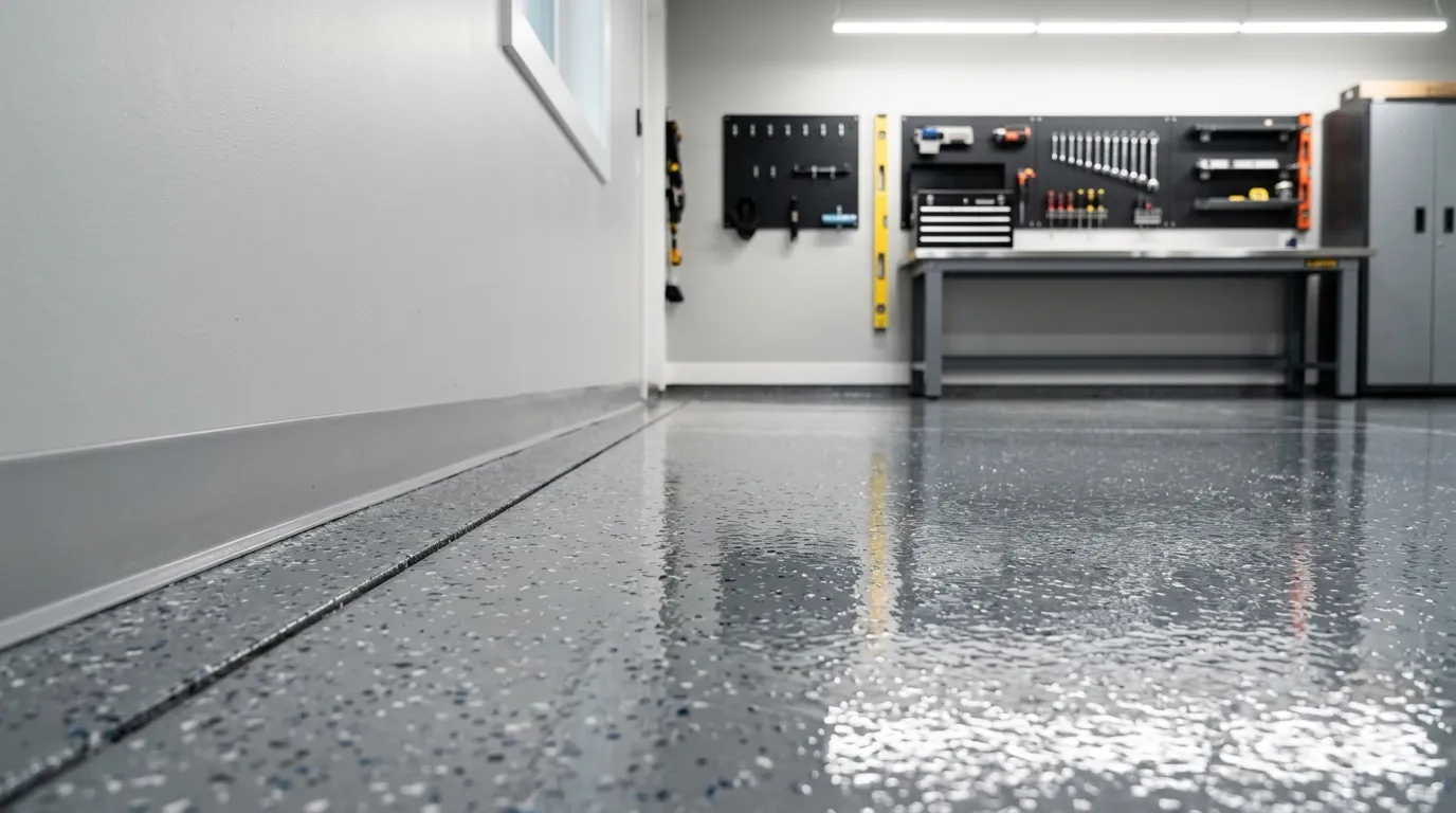 Glossy epoxy concrete coating on a residential garage floor with decorative flake finish