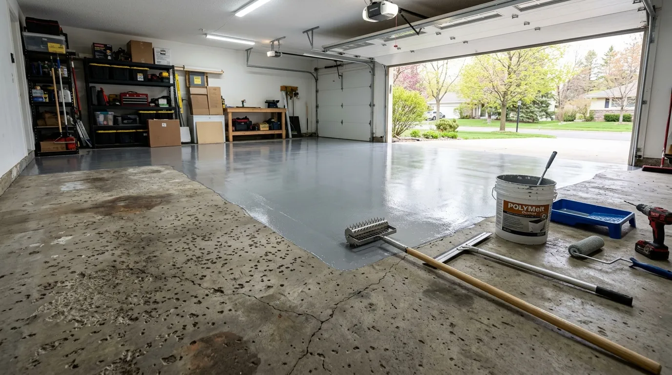 Professional concrete resurfacing showing smooth new overlay on a garage floor